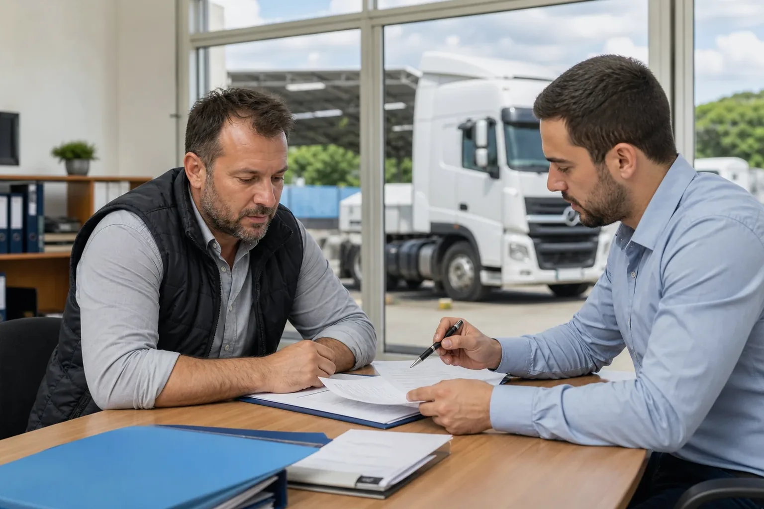 Despachante trabalhando em cadastramento na ANTT, com papéis e informações pertinentes.