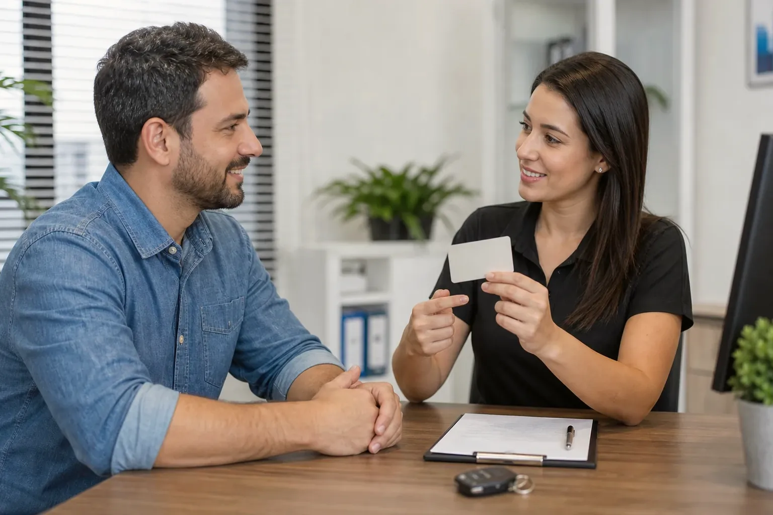 Profissional ajudando a renovar CNH, com foco no cliente e documentos.