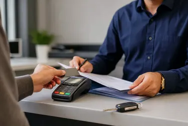Profissional auxiliando no pagamento de débitos de veículo, com atenção ao cliente.