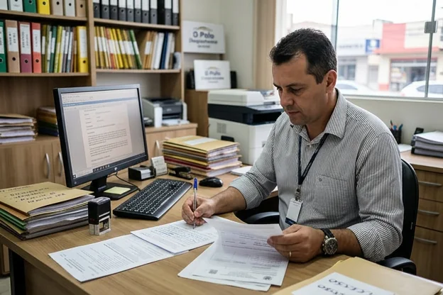 Profissional preparando documentação para recurso de multa, com foco em detalhes e organização.
